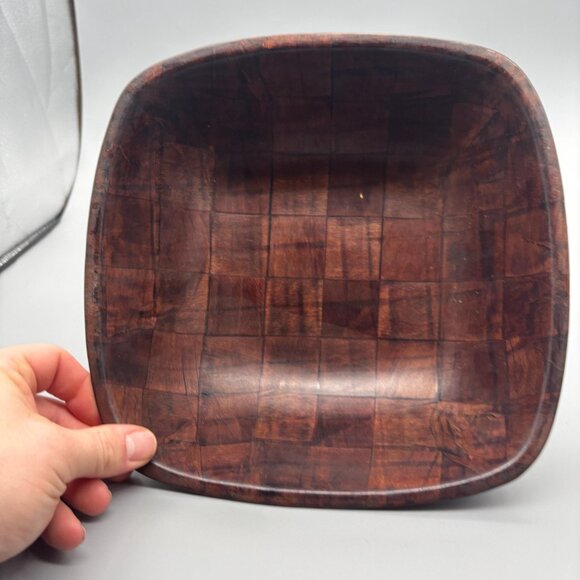 Vintage Thin-Wood Patchwork Serving Bowl 10" Handcrafted Mid Century Style - Picture 2 of 8